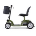 Introducing the Reyhee EXO Portable 4-Wheel Mobility Scooter: a lightweight, green scooter featuring a sleek black seat and detachable front basket. It has a compact frame with handlebars and a battery pack under the seat, ensuring easy portability and convenience.