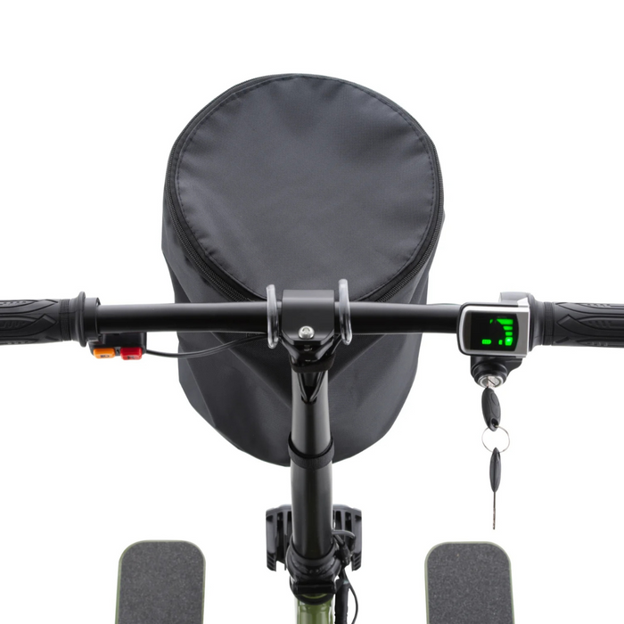 Top view of the Reyhee EXO Portable 4-Wheel Mobility Scooters handlebar with a black circular storage bag. The throttle display shows green bars, keys dangle from the right ignition, and textured grips with left-side buttons enhance its sturdy frame for effortless mobility.