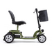 The Reyhee EXO Portable 4-Wheel Mobility Scooter is green, foldable, and features a black cushioned seat with a handlebar-mounted storage bag. It includes key ignition, a footrest, and emphasizes ease of use and comfort.