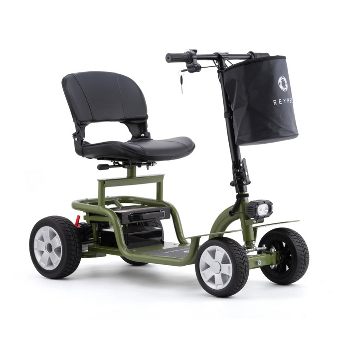 The Reyhee EXO Portable 4-Wheel Mobility Scooter is a green scooter with a black seat, headlight, and front basket displaying its logo. It features handlebars and an ignition key for ease of travel.