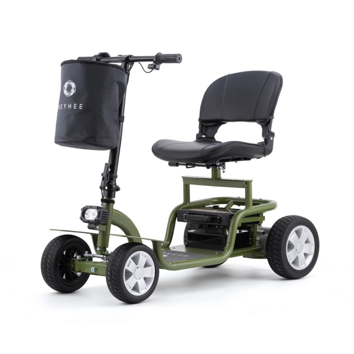 The Reyhee EXO Portable 4-Wheel Mobility Scooter boasts a padded black seat, headlight, black storage bag on the handlebars, and comes in a sturdy green design. Ideal for portability, it is set against a white background showcasing its sleek appearance.