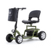 The Reyhee EXO Portable 4-Wheel Mobility Scooter boasts a padded black seat, headlight, black storage bag on the handlebars, and comes in a sturdy green design. Ideal for portability, it is set against a white background showcasing its sleek appearance.