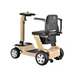 The Reyhee Flex Electric Folding Mobility Scooter is beige with four wheels, a black seat, and armrests. It features a handlebar control panel, puncture-free tires for durability, and a foldable design for convenient storage and easy transport.