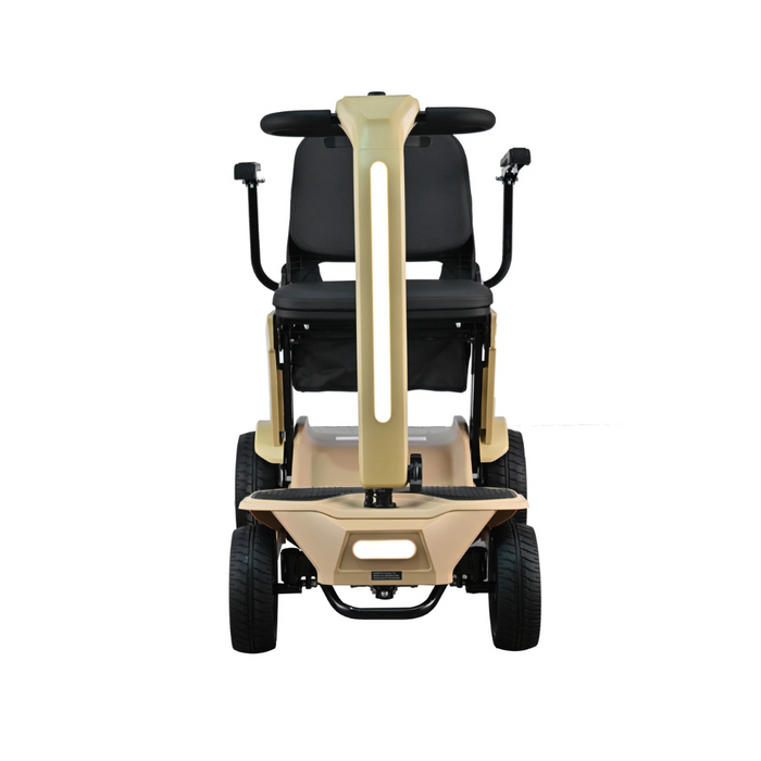 Front view of the Reyhee Flex Electric Folding Mobility Scooter, featuring a beige frame, black seat, puncture-free tires, handlebars, and backrest. Its sleek and straightforward four-wheel design ensures a compact look perfect for easy transport.