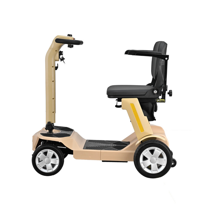 A side view of the Reyhee Flex Electric Folding Mobility Scooter reveals a beige model with a black seat, four wheels, and puncture-free tires. It features a vertical handlebar for easy steering and a seat with armrests above the rear wheels, emphasizing its foldable design for portability.