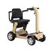 The Reyhee Flex Electric Folding Mobility Scooter features a foldable design in beige and black, four puncture-free tires, a cushioned seat with armrests, and controls on the handlebars. This modern scooter is ideal for personal transportation.