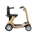 Side view of the Reyhee Flex Electric Folding Mobility Scooter in beige, featuring a black seat and armrest. It offers a foldable design for easy storage, puncture-free tires, four wheels for stability, a steering column, and a floorboard with footrests for user comfort and reliability.