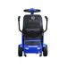 Front view of a blue Reyhee Flex Electric Folding Mobility Scooter with a padded black seat, armrests, REYHEE logo on the backrest. Features puncture-free tires, two large rear wheels, smaller front wheels, and a control panel on the right armrest for seamless mobility.