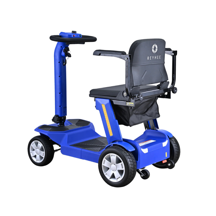 The Reyhee Flex Electric Folding Mobility Scooter is blue with black and gray accents, featuring armrests and a backrest branded REYHEE. It has four wheels, a handlebar for steering, and a compact, foldable design for easy storage and comfortable rides.