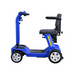 The Reyhee Flex Electric Folding Mobility Scooter, in blue with four wheels, upright handlebars, a black seat, spacious footrest, and yellow accents on a plain white background, combines comfort with convenience in its sleek, modern foldable design.