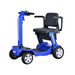 The Reyhee Flex Electric Folding Mobility Scooter has a blue, compact design with four wheels, a black padded seat with armrests, and handlebar controls. Its puncture-free tires make it perfect for personal transportation.