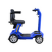 The Reyhee Flex Electric Folding Mobility Scooter is a blue, four-wheel model with puncture-free tires and a sleek design. It has a foldable frame, black seat with armrests, handlebars, and yellow side accents, making it perfect for personal transport.