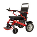 The Reyhee Roamer Folding Long Range Electric Wheelchair, in red and black, features joystick control on the armrest. It has large rear wheels and smaller front ones for excellent mobility. The brand name REYHEE is on its frame, and it is FDA-cleared for safety.