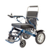 The Reyhee Roamer Folding Long Range Electric Wheelchair, FDA-cleared with a navy blue frame and black seat, features right-armrest joystick control. It has dual brushless DC motors, large rear wheels, smaller front wheels for stability, and a front footrest.