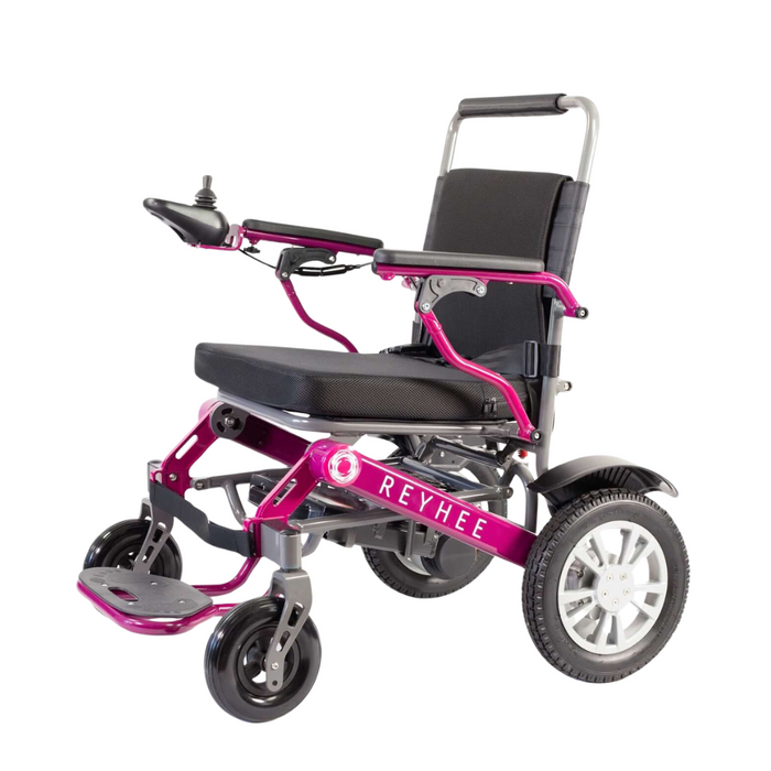 The FDA-cleared Reyhee Roamer Folding Long Range Electric Wheelchair features a sleek red and black design, dual brushless DC motors, large rear and small front wheels, joystick control, adjustable footrest, sturdy metallic frame, and cushioned backrest for comfort.