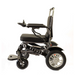 Side view of the black Reyhee Roamer Folding Long Range Electric Wheelchair with dual brushless DC motors, large rear wheels, and small front wheels. The joystick on the armrest offers easy navigation. FDA-cleared for reliability and safety, REYHEE is displayed on the side frame.