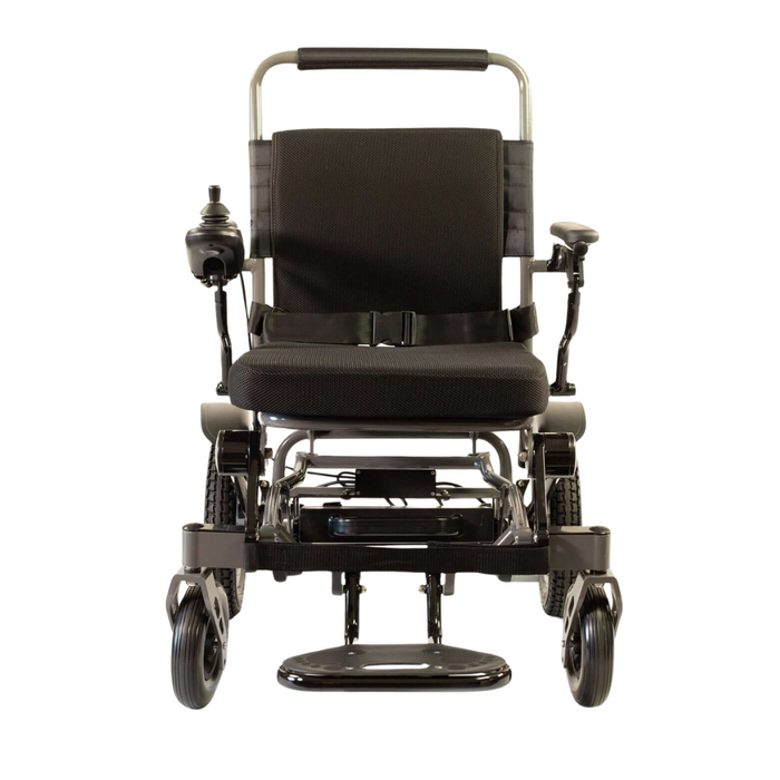 The Reyhee Roamer Folding Long Range Electric Wheelchair ensures mobility and convenience with a right-arm joystick, footrest, sturdy rear handles, secure seatbelt, and metallic frame. Its FDA-cleared for safety and reliability.