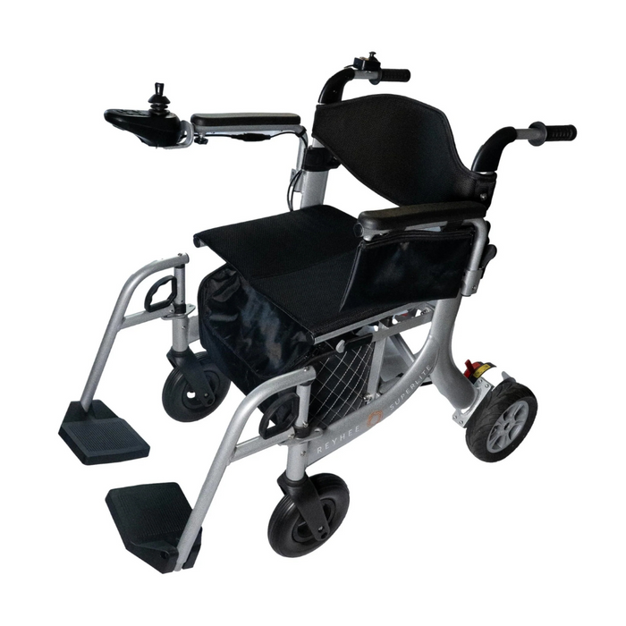 Experience the ultimate in lightweight, travel-friendly design with the Reyhee Superlite 3-in-1 Electric Foldable Wheelchair. It boasts a sleek joystick-controlled black fabric seat with armrests, a silver frame, four wheels, and front wheel footrests for versatile mobility.