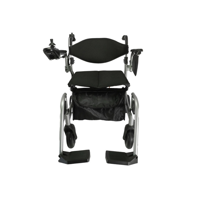 The Reyhee Superlite 3-in-1 Electric Foldable Wheelchair is a lightweight black and silver model with comfortable seat cushion, armrests, right-side joystick control, front footrests, and versatile mobility.