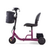 The Reyhee Triad Compact Folding Electric Mobility Scooter is a stylish and portable purple model with a black seat, handlebar, and front storage bag. It features three wheels, a rectangular battery pack at the back, and is designed for convenient personal transportation.