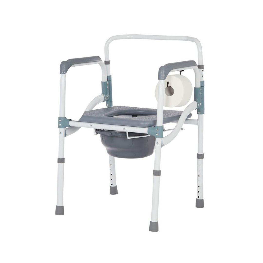 The Rhythm Folding Powder Coated Aluminum Commode 3 in 1 is a gray and white portable commode chair with armrests, adjustable legs, removable bucket, powder-coated finish, and a mounted toilet paper holder for easy use and mobility support.