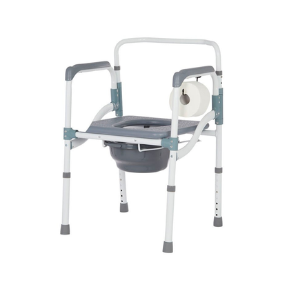 The Rhythm Folding Powder Coated Aluminum Commode 3 in 1 is a gray and white portable commode chair with armrests, adjustable legs, removable bucket, powder-coated finish, and a mounted toilet paper holder for easy use and mobility support.
