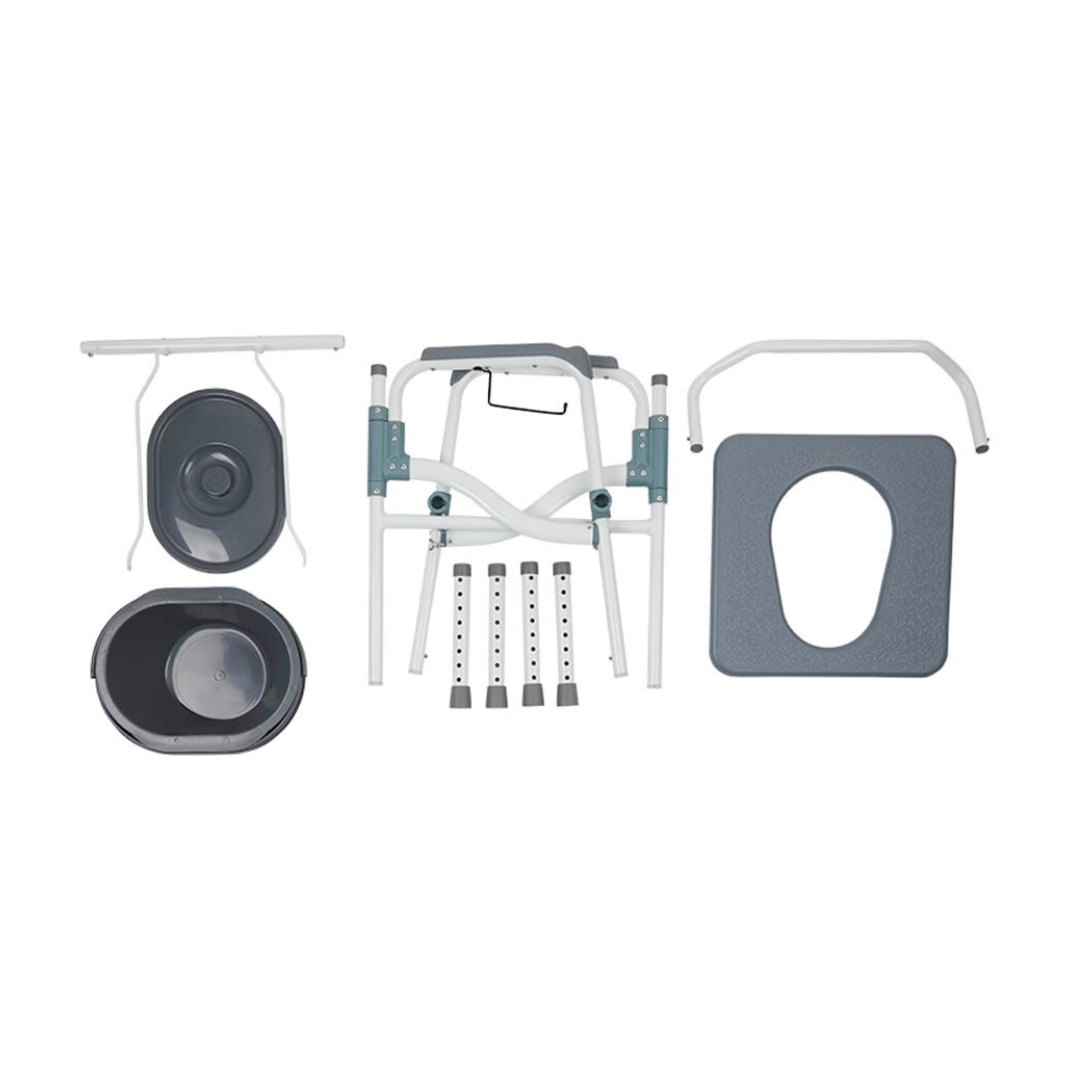 Rhythm Folding Powder Coated Aluminum Commode 3 in 1 kit, shown disassembled on a white background, includes seat frame, commode bucket, splash guard, support bars, seat cover, and four adjustable powder-coated legs.