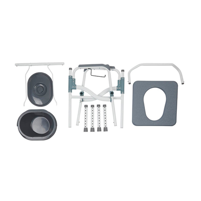 Rhythm Folding Powder Coated Aluminum Commode 3 in 1 kit, shown disassembled on a white background, includes seat frame, commode bucket, splash guard, support bars, seat cover, and four adjustable powder-coated legs.