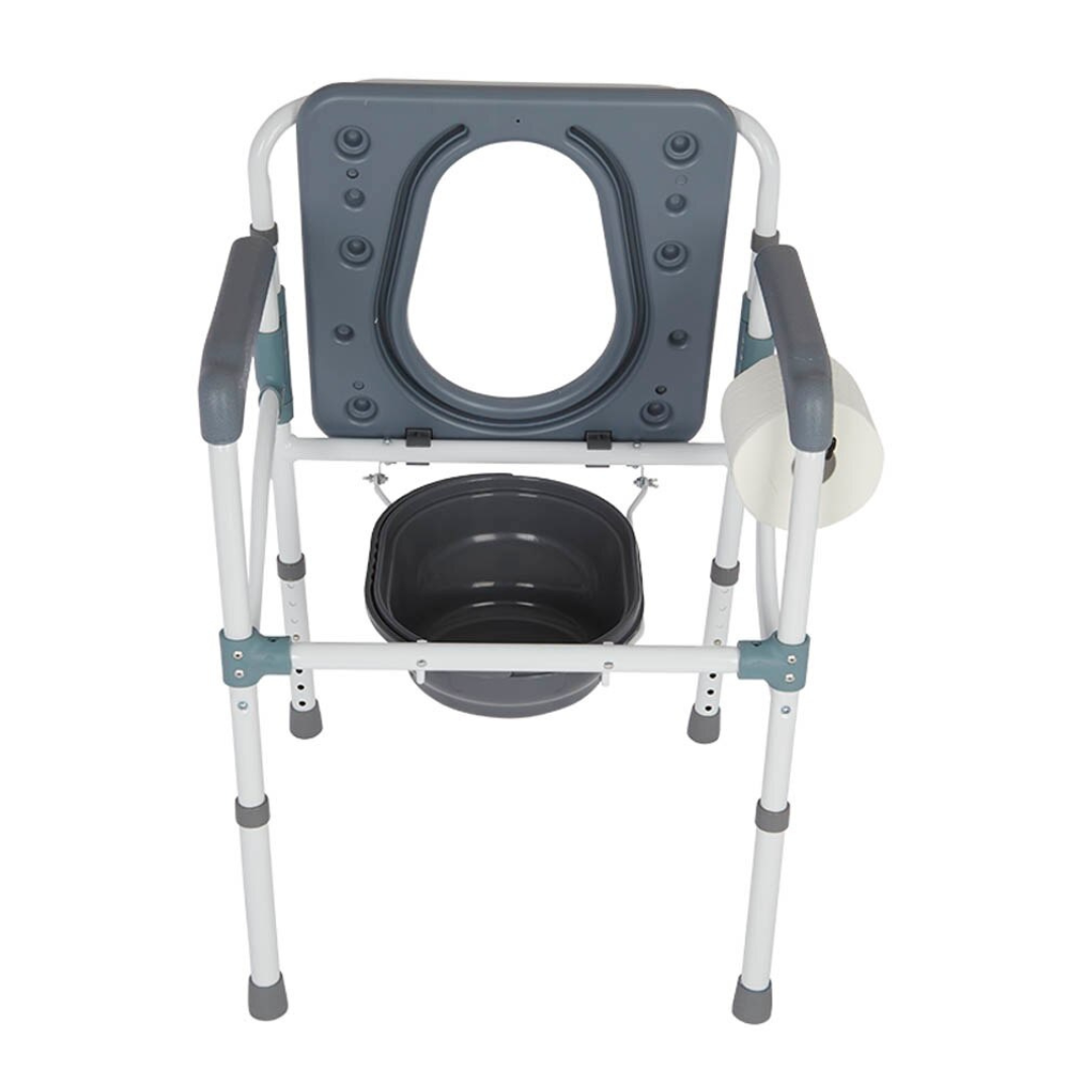 The Rhythm Folding Powder Coated Aluminum Commode 3 in 1 features a portable design with armrests, an open seat, a removable bucket underneath, and a toilet paper holder attached to the side.