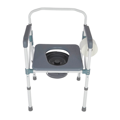 The Rhythm Folding Powder Coated Aluminum Commode 3 in 1 has armrests, a removable seat cover, attached toilet paper holder, adjustable metal legs, and a black plastic waste container—offering versatile and convenient use.