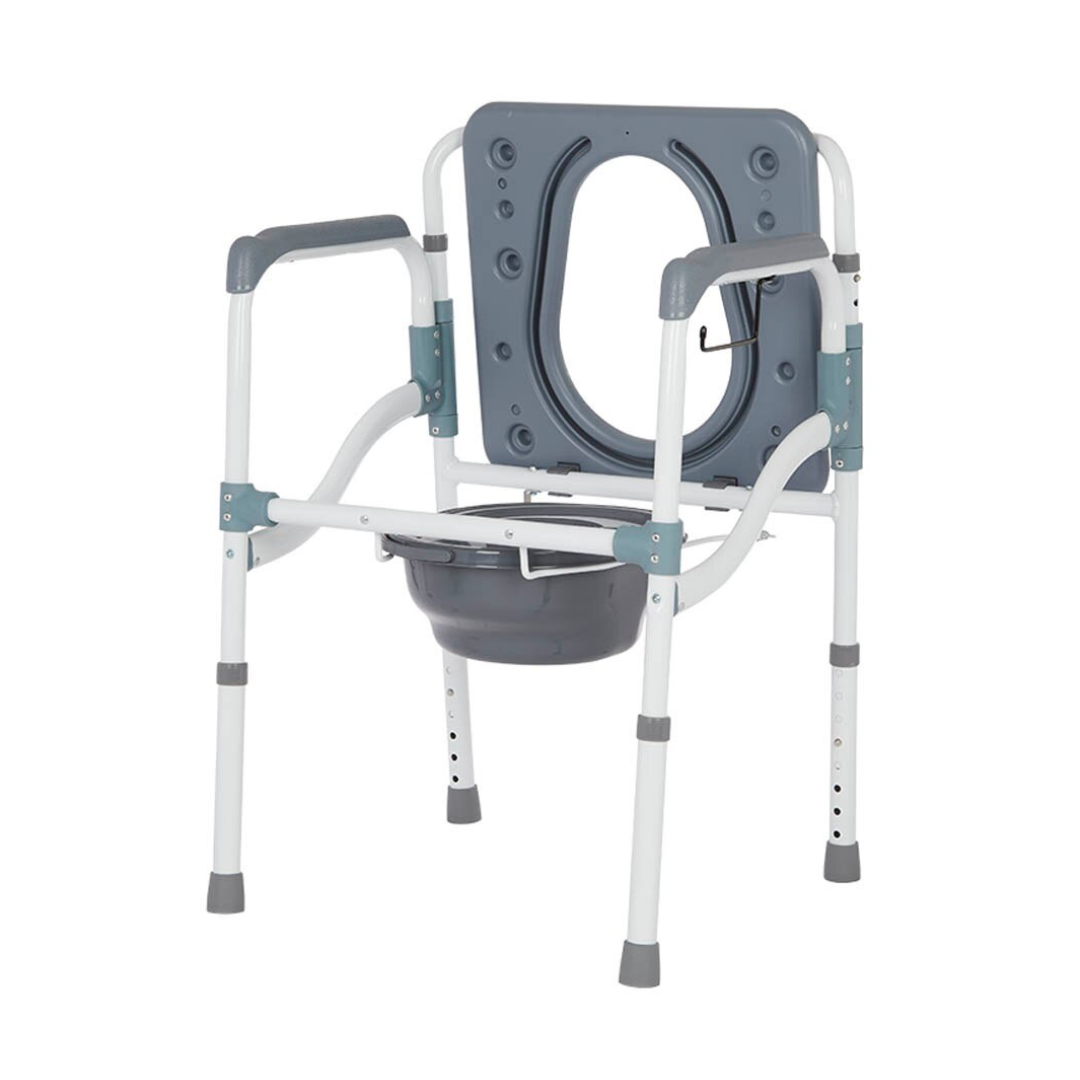 The Rhythm Folding Powder Coated Aluminum Commode 3 in 1 features armrests, a gray seat, a removable bucket, and adjustable legs with rubber tips for stability. Its powder-coated frame provides durability and versatile use.