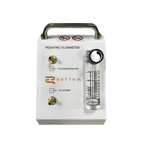 The Rhythm Pediatric Flowmeter, designed for precise, low-flow oxygen therapy for pediatric patients, is a white device featuring a clear flow gauge labeled RHYTHM on the right. It comes equipped with two connectors labeled "To Concentrator" and "To Patient," along with a metal handle and caution symbols to ensure safe and efficient delivery of oxygen.