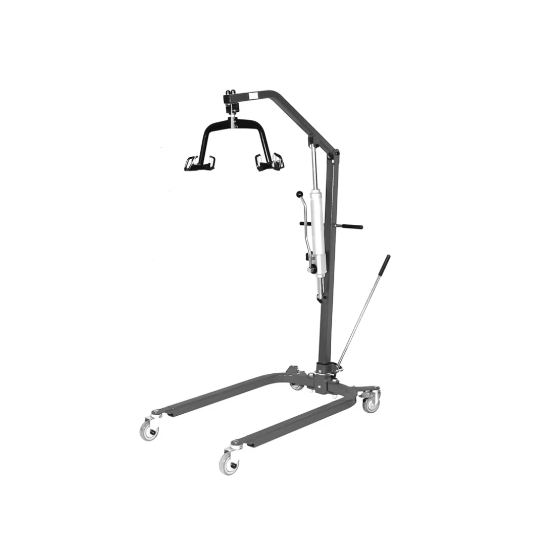 The Rhythm Bariatric Hydraulic Patient Lift is a black and gray lift with four wheels, a hydraulic pump, and a spreader bar for sling attachment, designed to safely transfer individuals with mobility challenges.