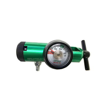 The Rhythm Oxygen Regulators tank is green with a black control knob labeled "Oxygen Use No Oil" and features a pressure gauge up to 4000 psi, shown isolated on a white background.