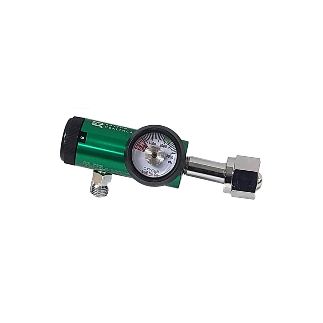 The Rhythm Oxygen Regulator features a green and silver design with a pressure gauge (psi), knob, and connector for precise oxygen flow control from tanks. Shown on a white background.