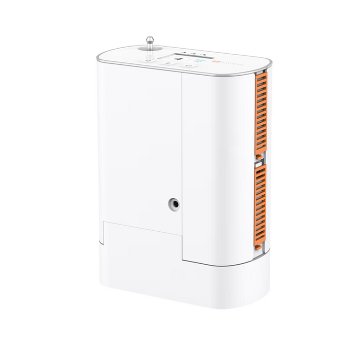 The Rhythm P2-S4 Portable Oxygen Concentrator is a compact air purifier in white, featuring orange side vents and top panel controls, with a sleek, modern design.