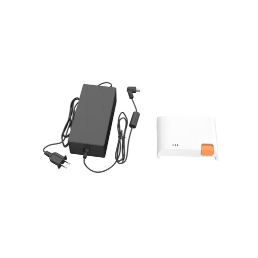 Against a pristine white background, a Rhythm External Battery Charger for the P2-S4 with a black European plug and attached cable is positioned on the left, while on the right sits a white charger featuring an orange button.