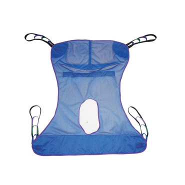 Rhythm Slings For Patient Lifts: A blue sling with four black, green, and purple reinforced straps at each corner and a white cut-out opening in the center, shown laid flat on a white background. See specifications and warranty for details.