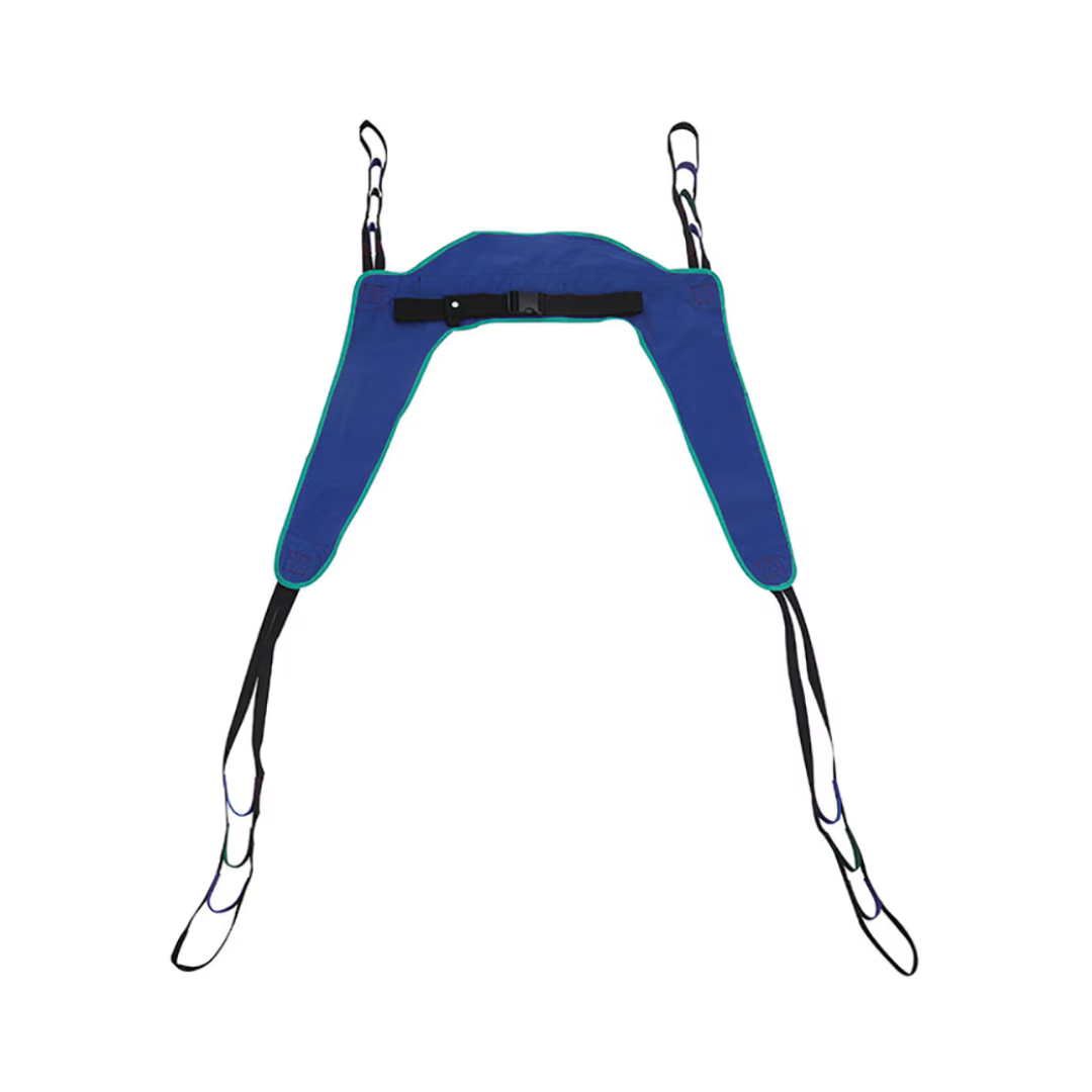 The Rhythm Slings For Patient Lifts is a blue sling with black straps and multiple attachment loops, ideal for safely transferring individuals with limited mobility. Shown laid flat on a white background. See product specifications for details.