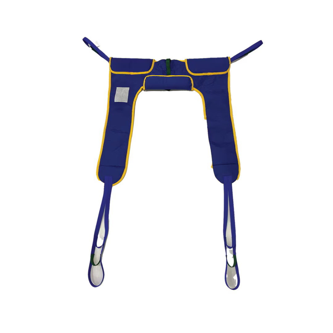 The Rhythm Slings For Patient Lifts is a blue and yellow sling with two wide leg straps and padded areas, shown flat on a white background. Warranty details and specifications are provided for peace of mind.