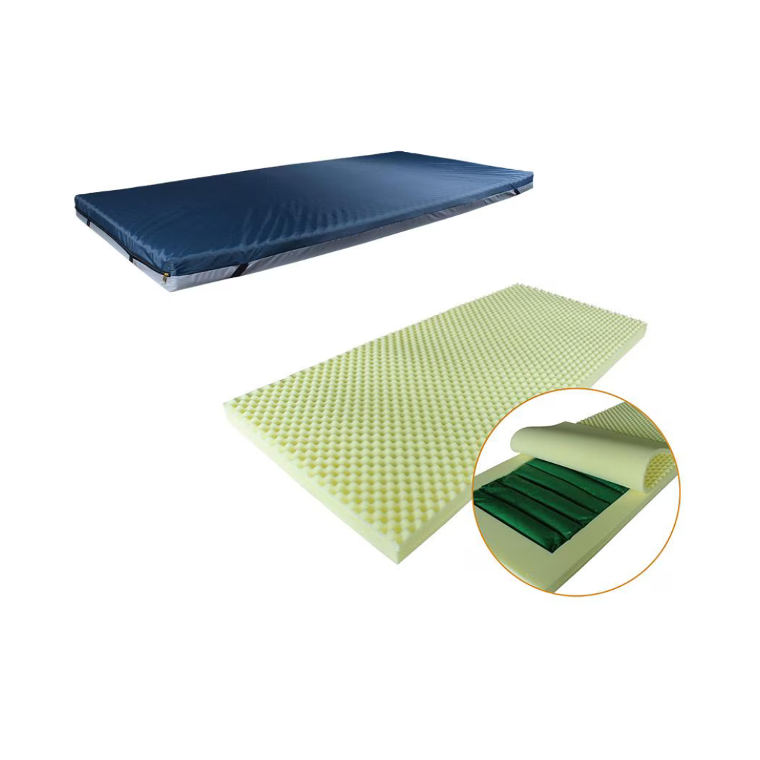 The Rhythm Softcaire 3.5” Gel Overlay Support Surface with Cover features a blue top cover, a yellow egg-crate foam base, and green interior layers for advanced support and comfort.