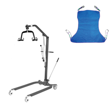 The Rhythm Bariatric Hydraulic Patient Lift, in black with wheels and a handle, is shown beside a blue fabric sling featuring green, purple, and blue corner straps for safe medical patient transfers.