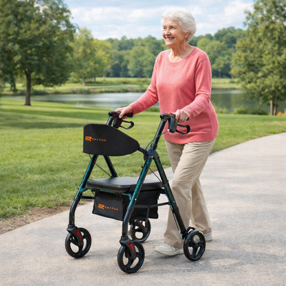 An older woman with short white hair, in a coral sweater and beige pants, smiles while walking outdoors with her Rhythm Royal Deluxe Universal Aluminum 4 Wheel Rollator along a paved path near grass and trees.