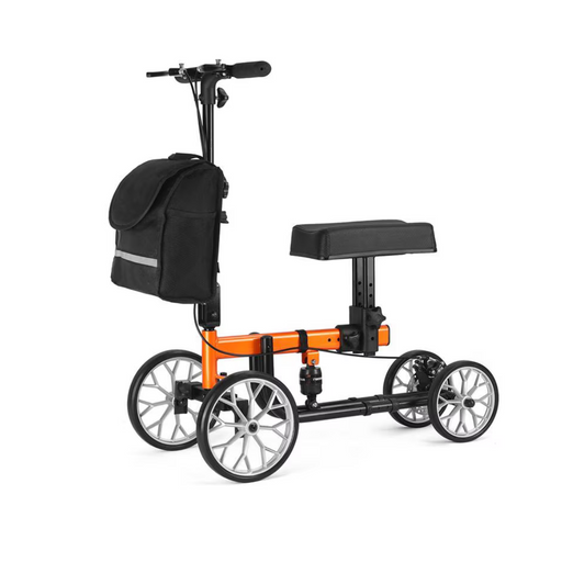 The Rhythm Knee Walker in black and orange features adjustable handlebars, a padded seat, large wheels, shock absorbers, and an attached tote bag. This sleek mobility solution offers comfort and convenience in style.