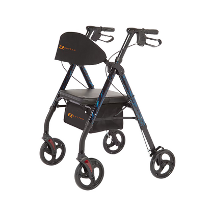 The Rhythm Royal Deluxe Universal 4-Wheel Rollator - Open Box is a black and blue aluminum rollator with 8” wheels, locking loop brakes, padded seat, front pouch, and curved backrest to support mobility needs.
