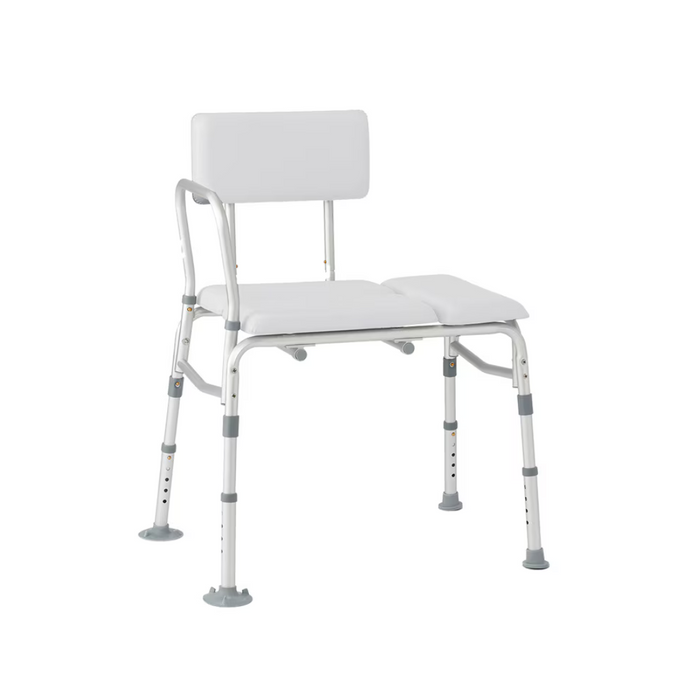 Introducing the Rhythm Padded Bariatric Transfer Bench, designed with an optional commode opening. It features adjustable legs, a backrest for added support, and a comfortable padded seat. The rubber feet enhance stability, ensuring safety during use.