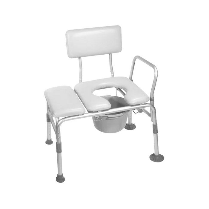 Introducing the Rhythm Padded Bariatric Transfer Bench, a white bench equipped with armrests and a removable backrest for assisted bathing. This design features a U-shaped cutout in the seat and an optional commode opening below for enhanced convenience.