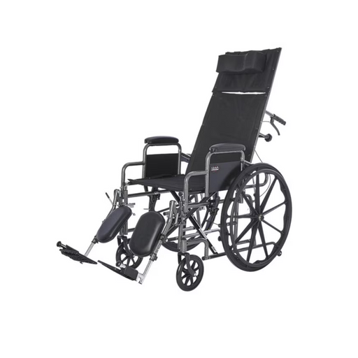 A Rhyhm Deluxe Reclining Desk Arm Wheelchair in black, equipped with quick release wheels and elevating leg rests, is set against a white background.