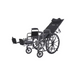 The Rhyhm Deluxe Reclining Desk Arm Wheelchair - Folding & Portable, featuring a sleek black and silver design, padded armrests, and elevating leg rests, is displayed against a white background. It boasts quick-release wheels that are large at the back and smaller at the front.