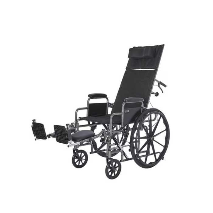 The Rhyhm Deluxe Reclining Desk Arm Wheelchair - Folding & Portable comes in black and includes adjustable leg rests and elevating leg rests. It features large quick-release rear wheels, small front wheels, and a high backrest for enhanced comfort and support.